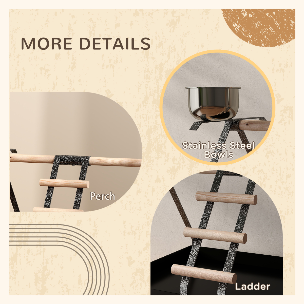 Portable Bird Stand Resting Stainless Steel Base Perch Ladder Bowls