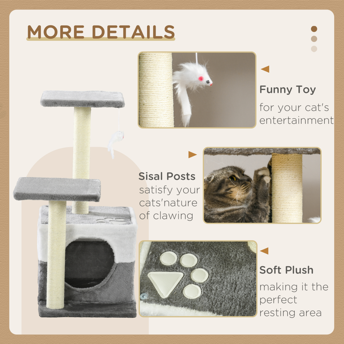 PawHut Cat Tree w/ Sisal Scratching Posts, House, Perches, Toy Mouse - Grey