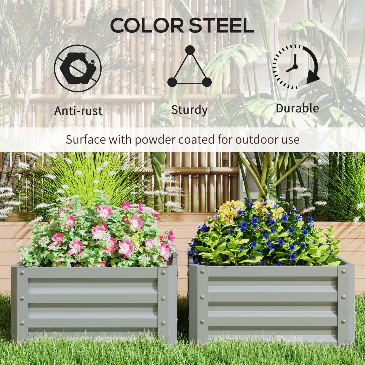 Outsunny Set of 2 Raised Garden Bed Galvanised Planter Box, Light Grey