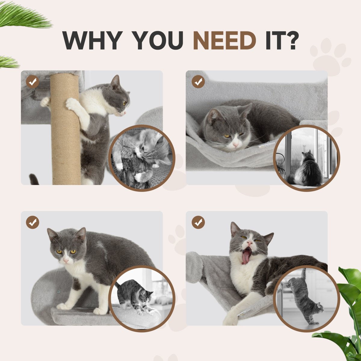 PawHut 4 Piece Cat Shelves w/ Scratching Post, Steps, Jumping Platform