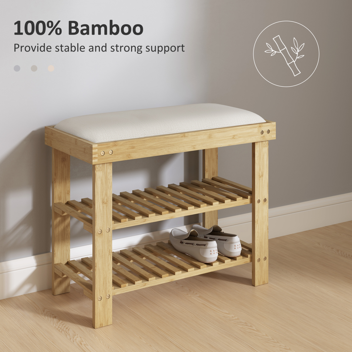 HOMCOM 3-Tier Shoe Storage Bench, Bamboo Shoe Rack for Entryway, Cream