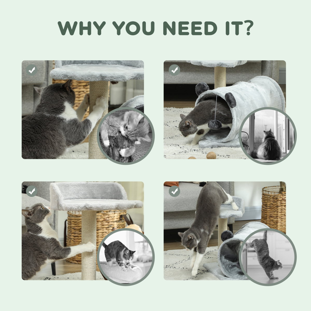 PawHut Cat Tree w/ Scratching Post, Bed, Cat Tunnel, Toy Ball, Grey