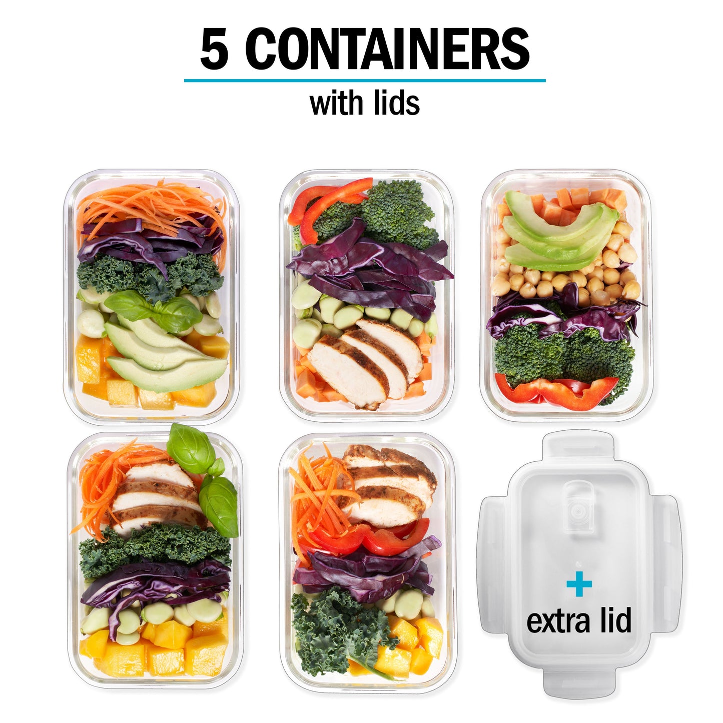 Igluu Glass Meal Prep Containers with Steam Vent Lids | 840ml | 5 Pack + Bonus Lid