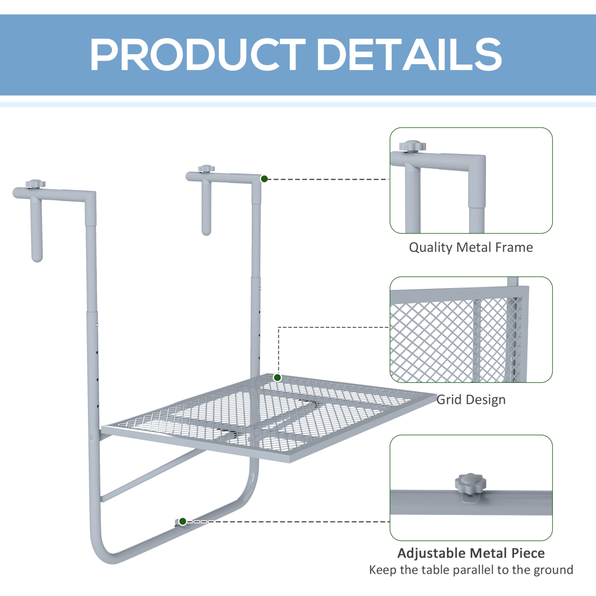 Outsunny Balcony Hanging Table Wall Mount Adjustable Folding Desk Patio Grey