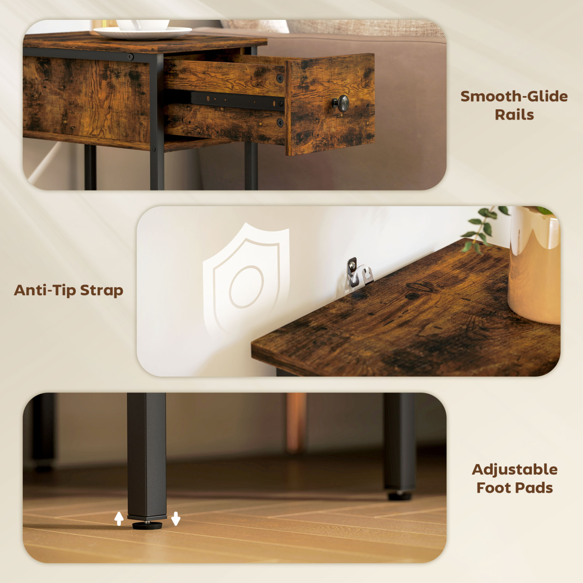 HOMCOM Industrial Slim End Table Nightstand for Small Spaces Rustic Brown
