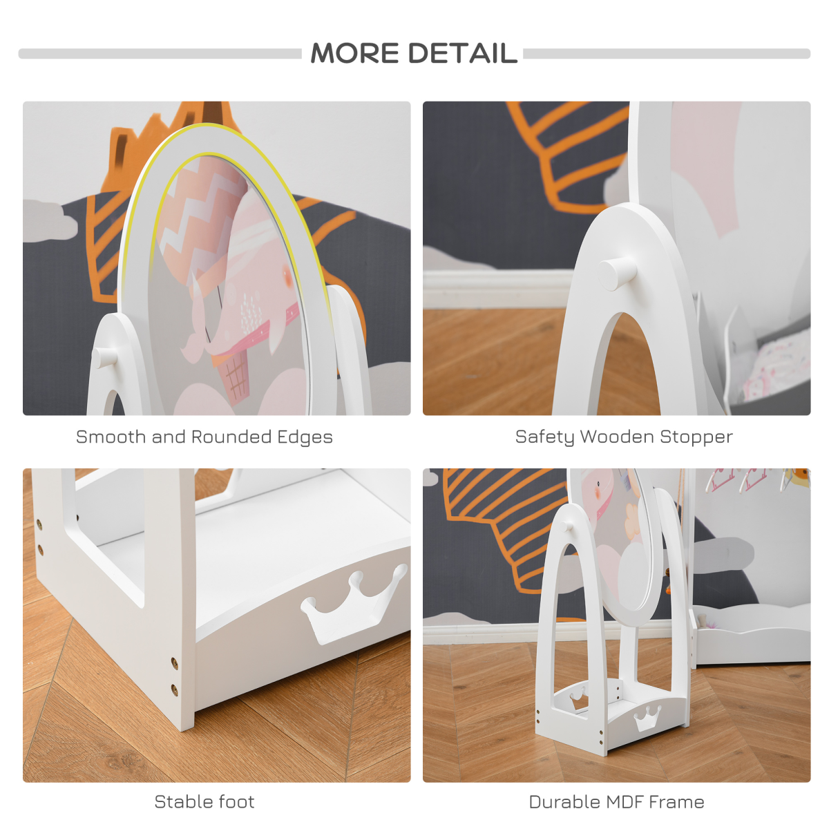Free Standing Dressing Mirror Kids with Storage For 3- 8 Years Old
