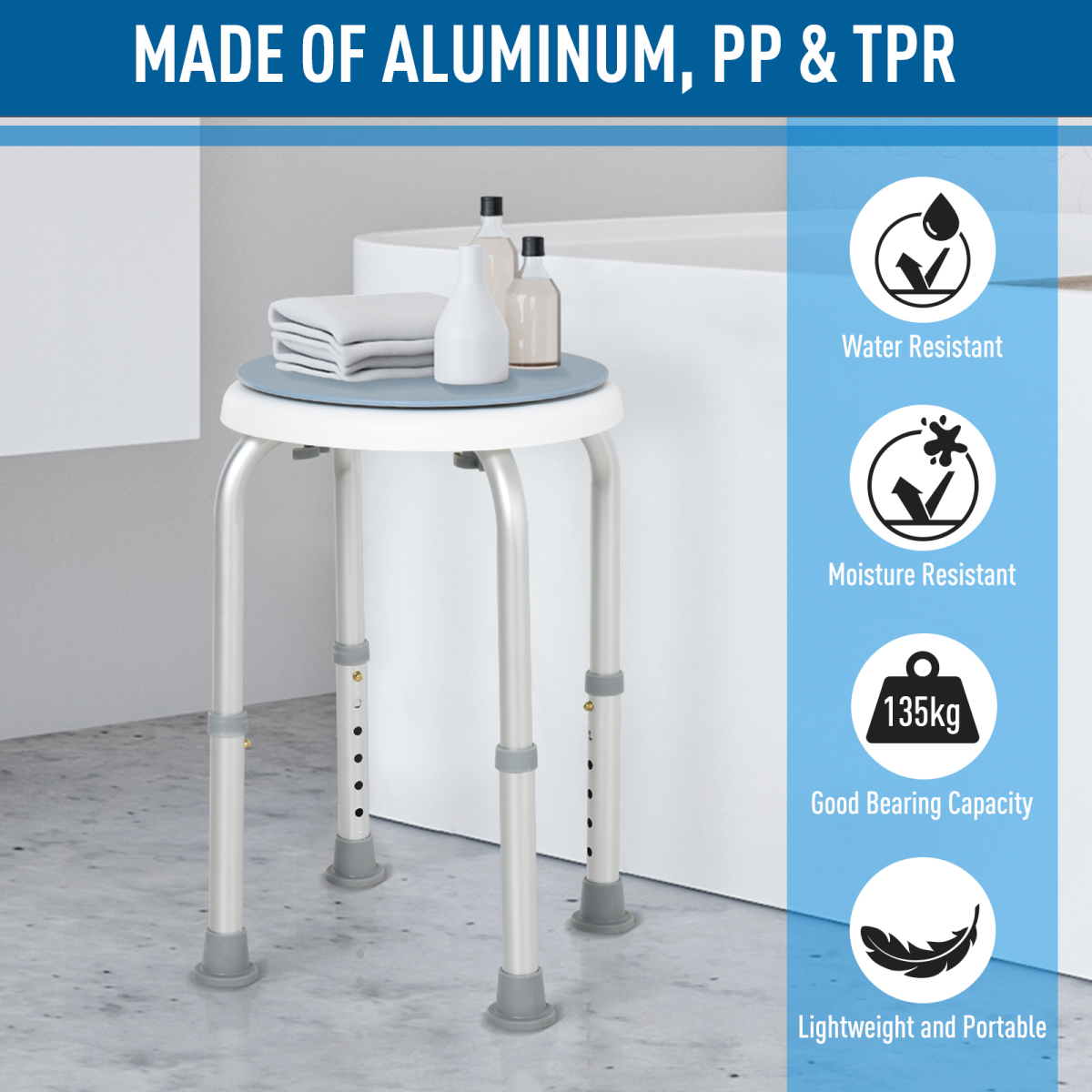 360 Degree Swivel Seat Bath Shower Stool Adjustable Height Aluminium HOMCOM