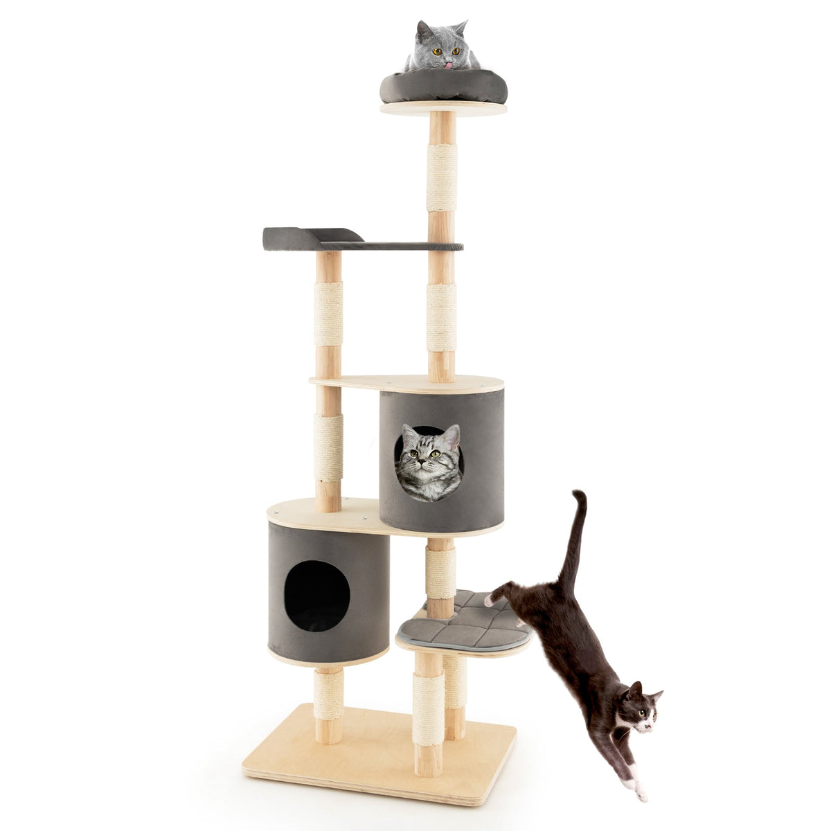 6-Tier Cat Tree Rubber Wood Cat Tower with Sisal Scratching Post-Brown
