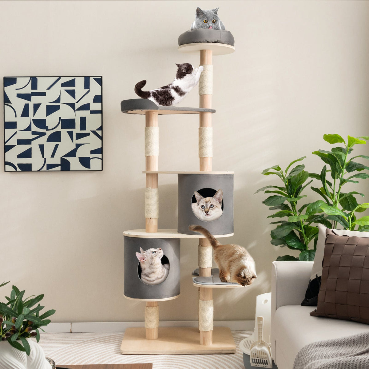 6-Tier Cat Tree Rubber Wood Cat Tower with Sisal Scratching Post-Brown