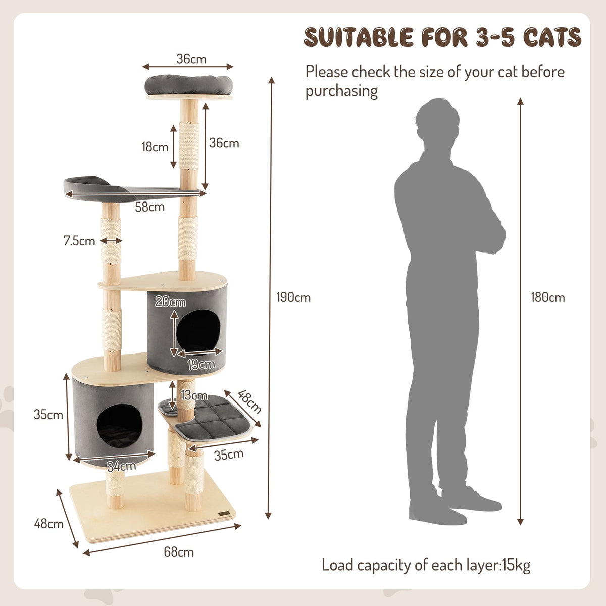 6-Tier Cat Tree Rubber Wood Cat Tower with Sisal Scratching Post-Brown