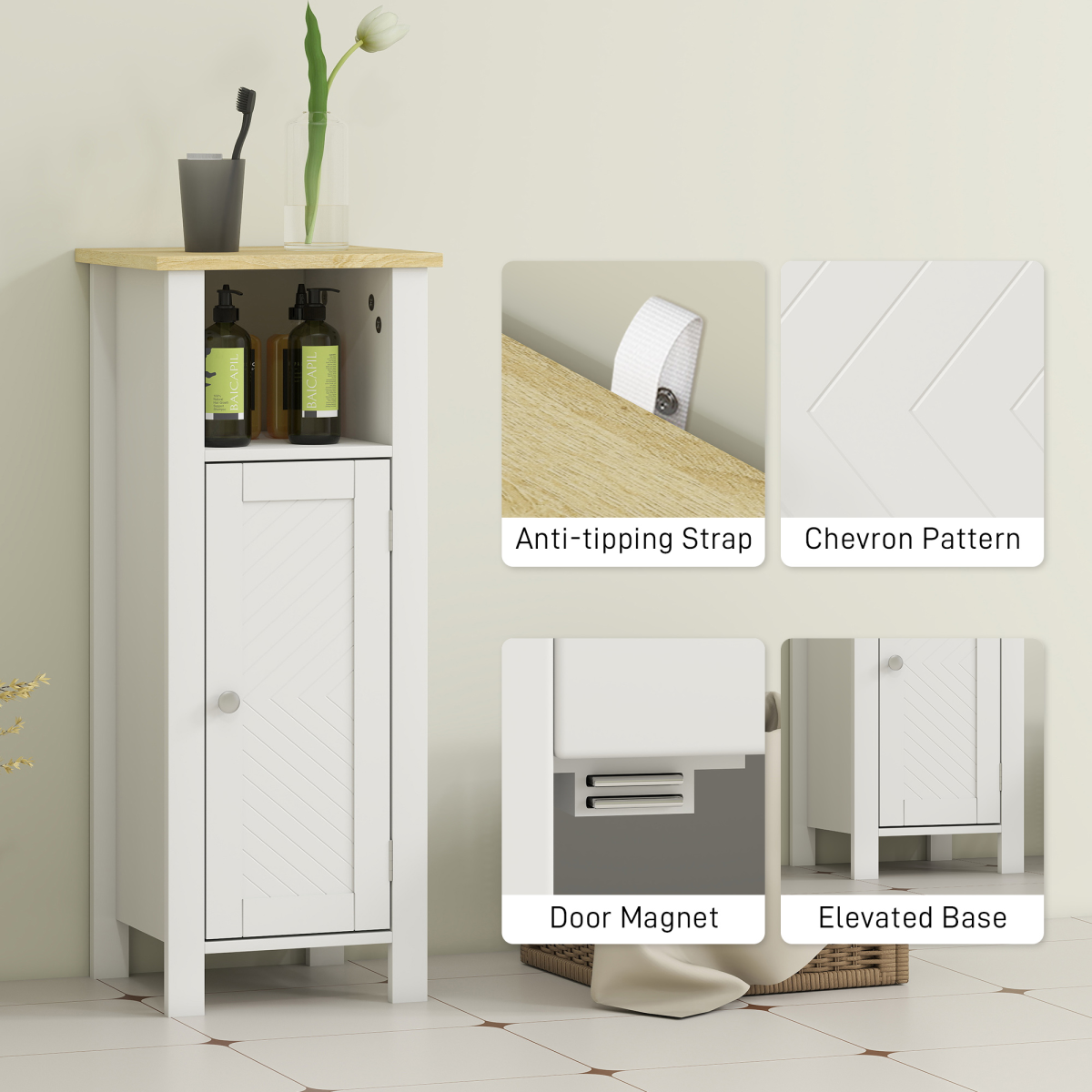 kleankin Narrow Bathroom Storage Cabinet with Open Shelf, White