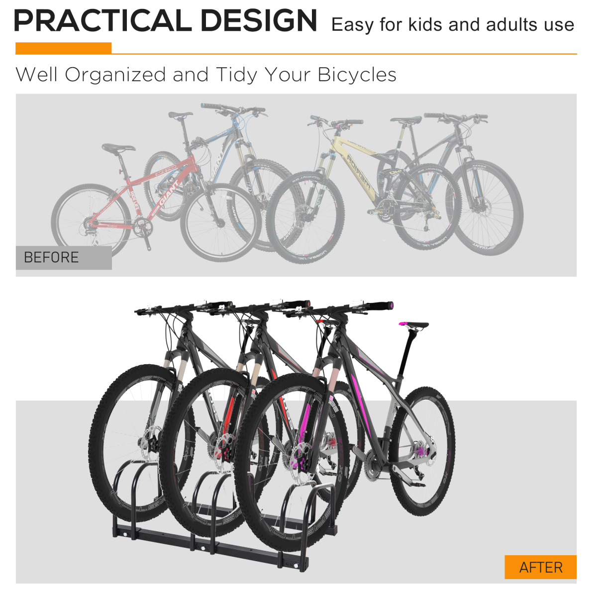Bike Parking Rack Bicycle Locking Storage Stand for 3 Cycling Black HOMCOM