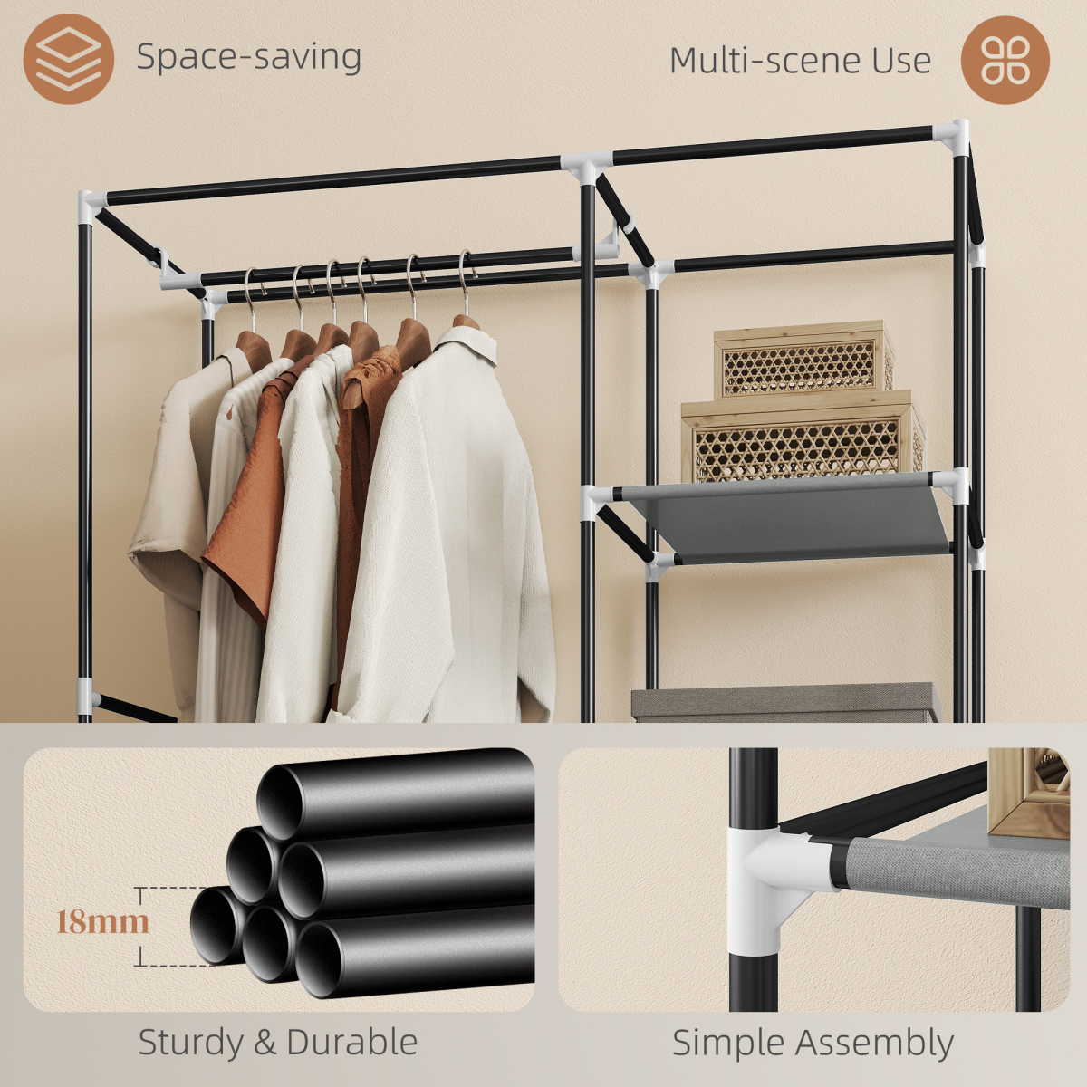 Fabric Wardrobe Portable Wardrobe with 6 Shelves 1 Hanging Rail Light Grey