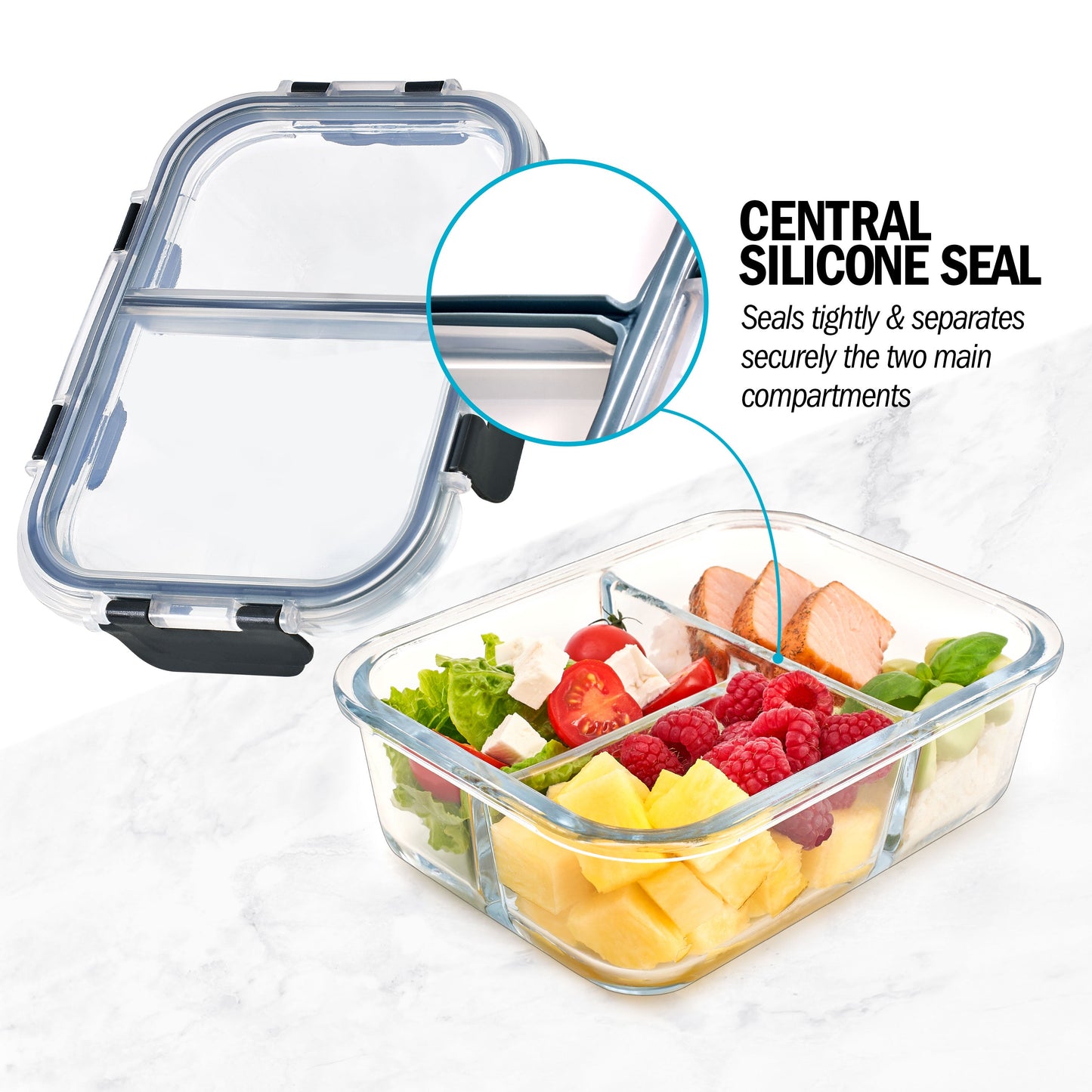 Igluu 3-Compartment Glass Meal Prep Containers with Airtight Lids — 980ml | Pack of 3