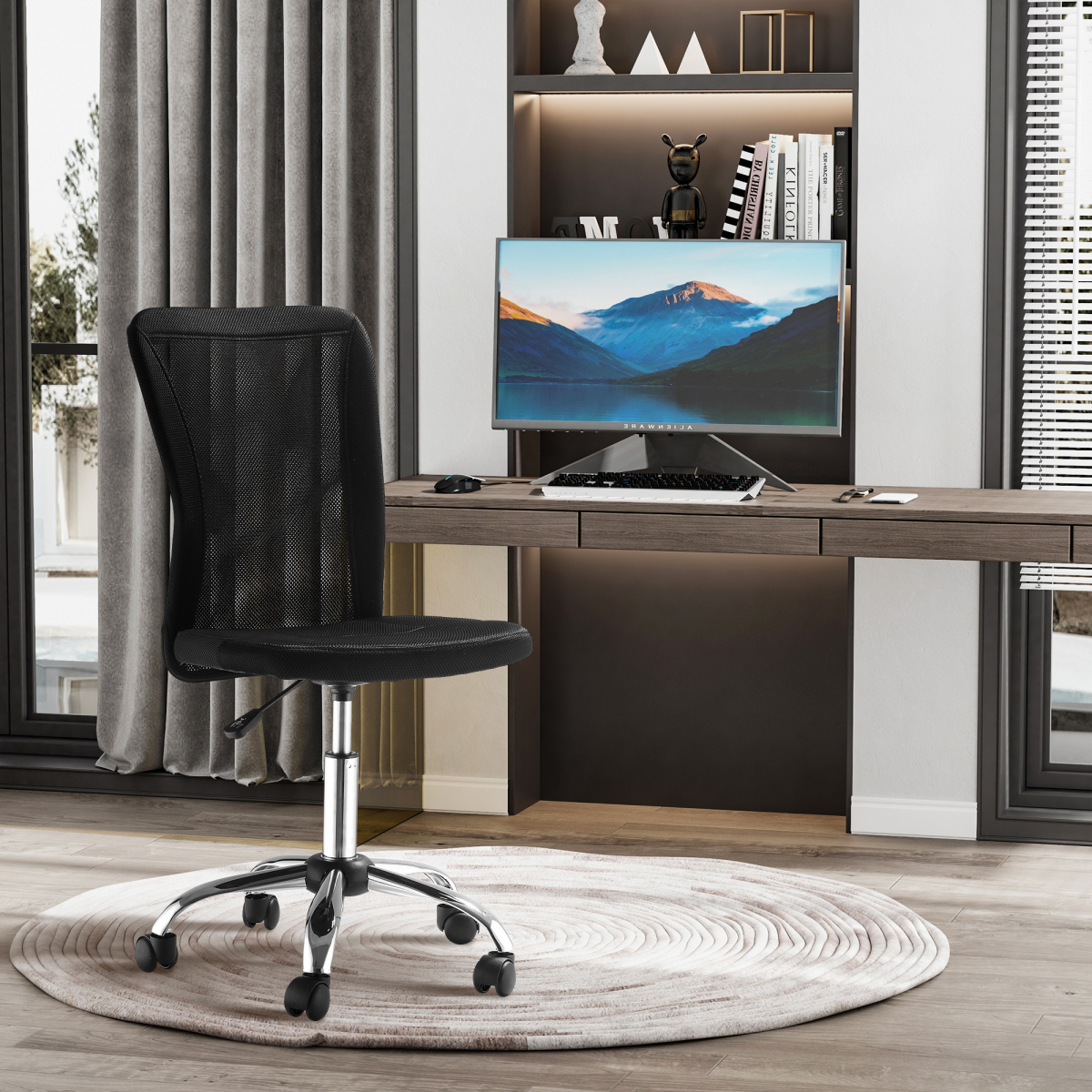 Armless Office Chair Ergonomic Padded Height Adjustable Mesh Back 5 Wheels