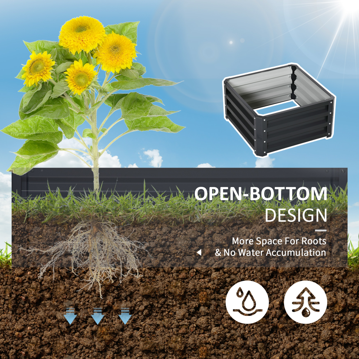 Outsunny Set of 2 Raised Garden Bed Galvanised Planter Box Easy Setup Grey