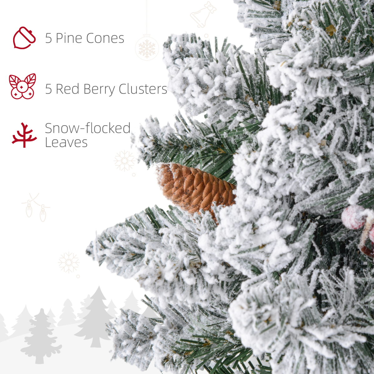 HOMCOM 60cm Flocked Christmas Wreath with Lights Pine Cones Red Berries Green