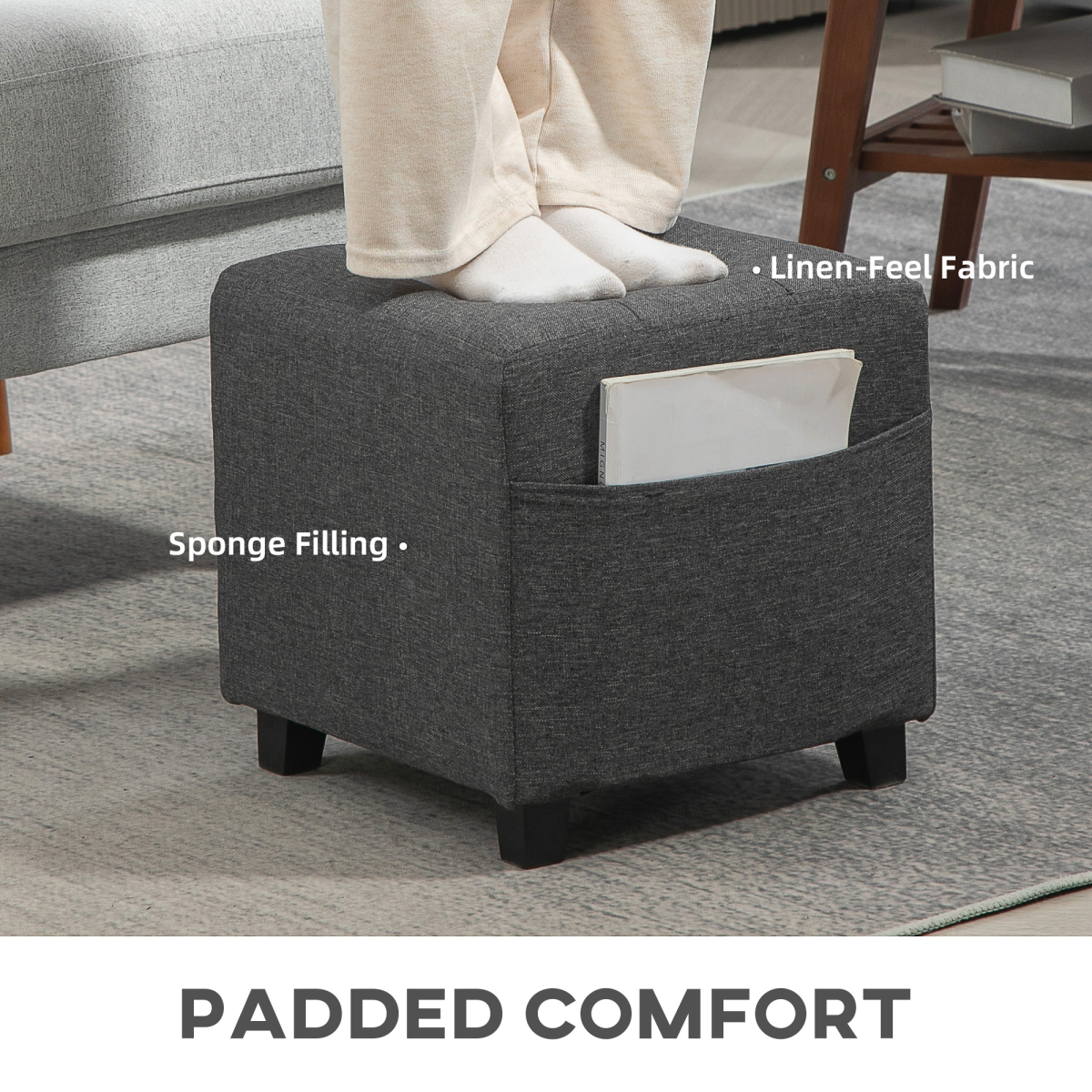 HOMCOM Small Footstool Square Ottoman with Padded Seat for Living Room Grey