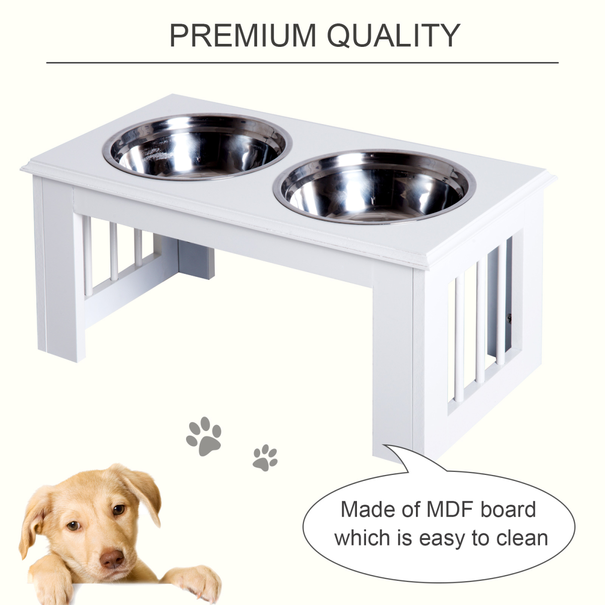 Raised Pet Feeder Elevated Double Staninless Steel Bowls Stand Water White