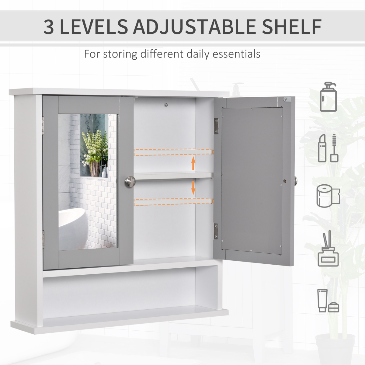 Mirror Cabinet Wall Mounted with Double Mirrored Doors, Hanging Cabinet, Grey