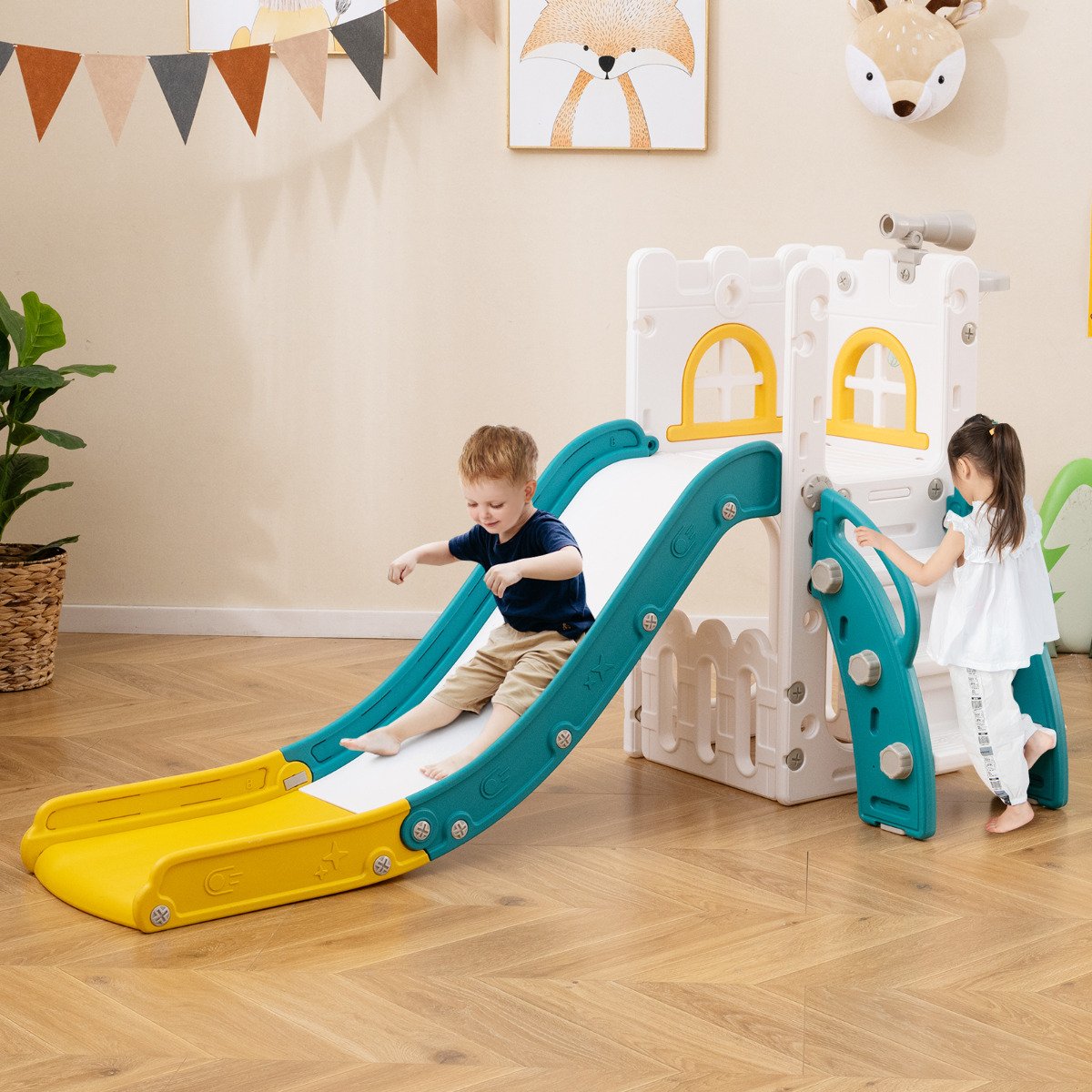 6 in 1 L-shaped Toddle Slide with Basketball Hoop and Telescope-Grey