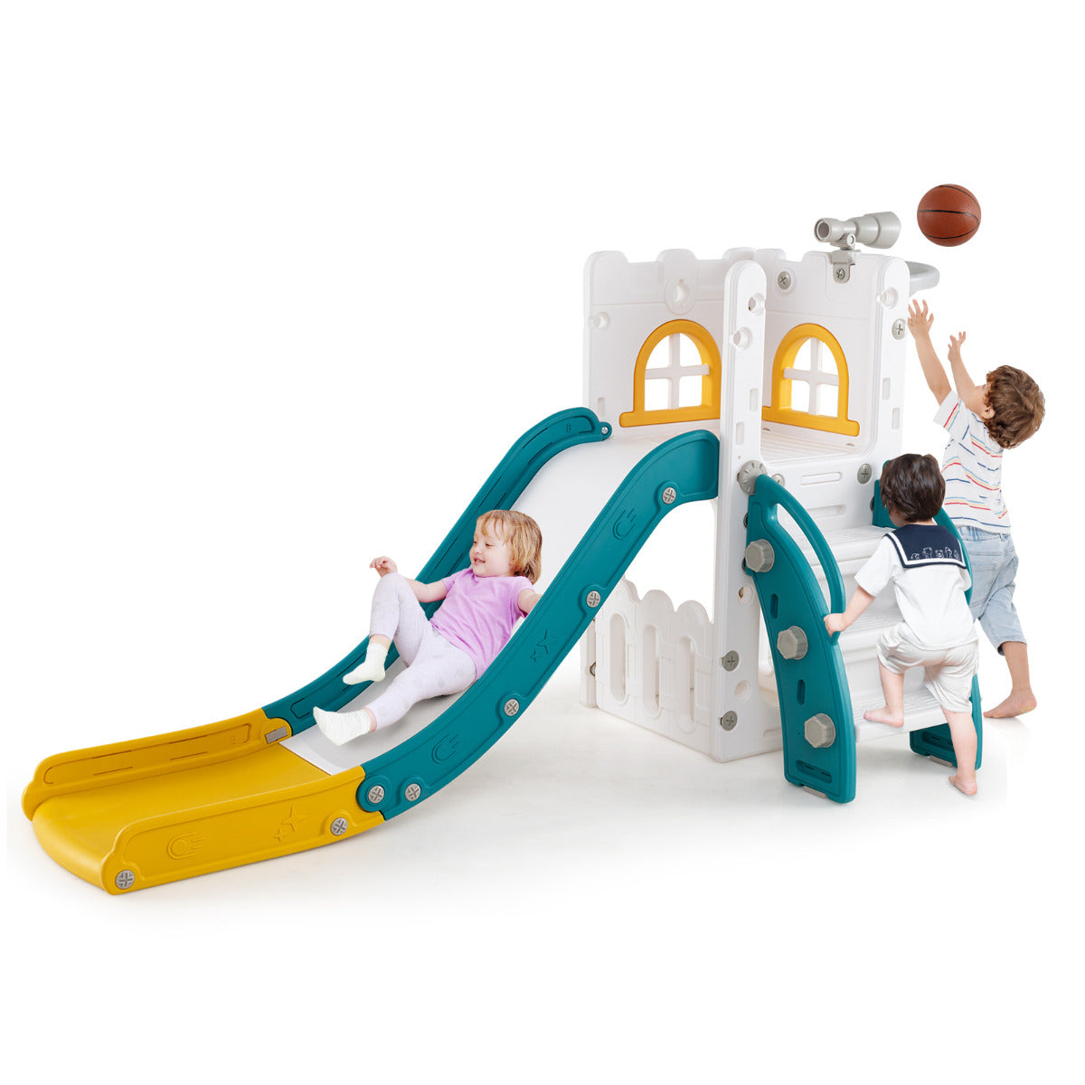 6 in 1 L-shaped Toddle Slide with Basketball Hoop and Telescope-Grey