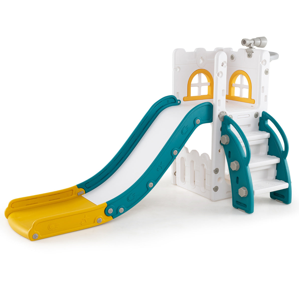 6 in 1 L-shaped Toddle Slide with Basketball Hoop and Telescope-Grey