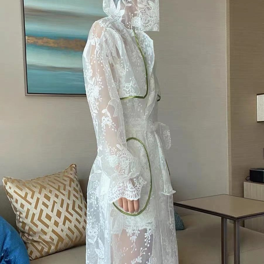 Lace Trench Coat New Style Hooded Embroidery Lantern Sleeve Over The Knee Coat Mid-length Sun Protection Clothing