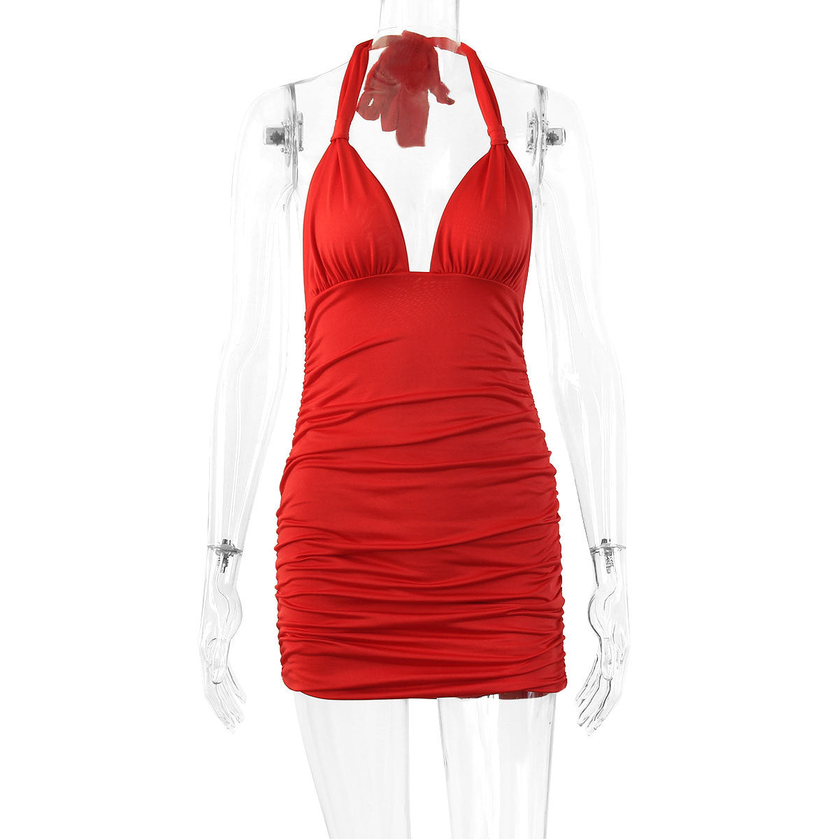 Deep V-neck Halterneck Strapless Backless Pleated Dress