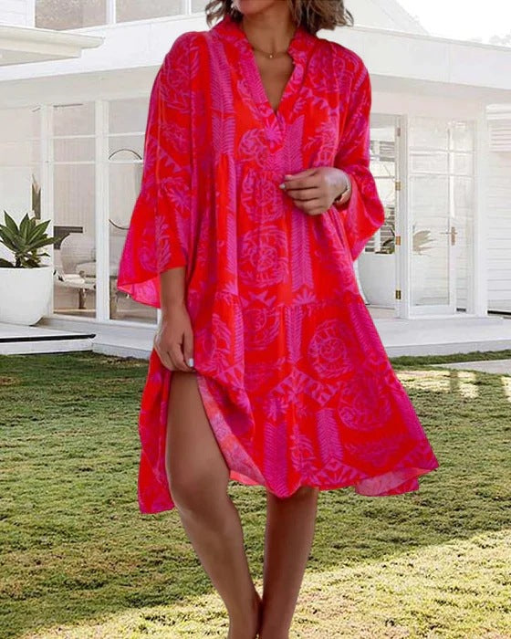 V-neck Flared Sleeve Cake Style Patchwork Dress