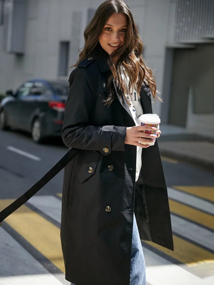 Double Breasted Women's Dust Coat Classic British Style Lace-up