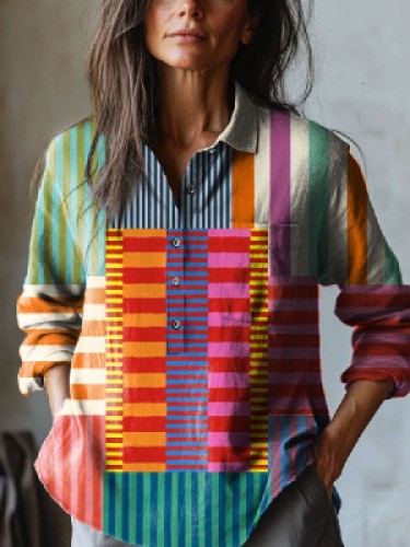 Women's Printed Casual Half Button Lapel Long Sleeve Top