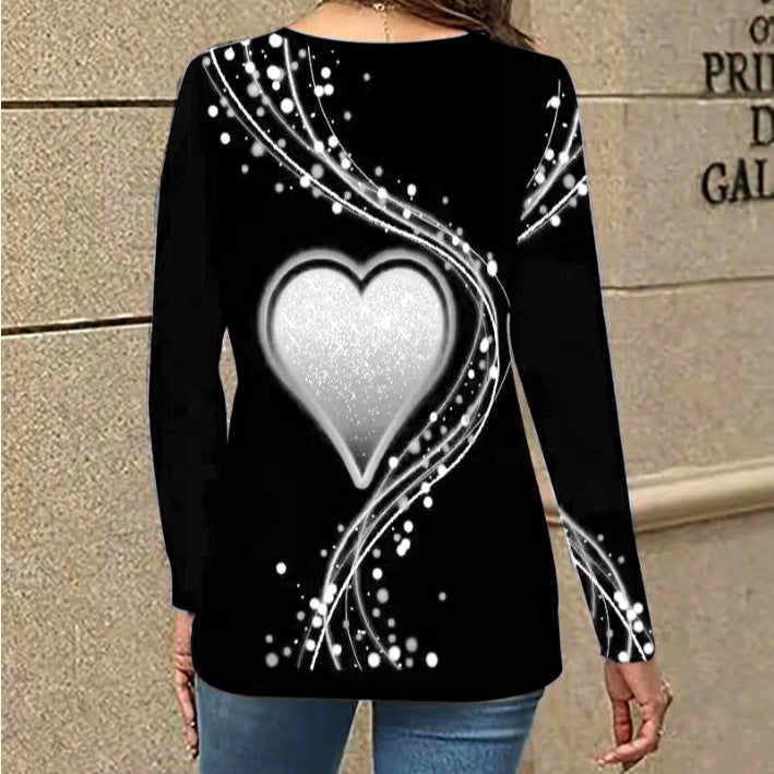 Women's Casual Long Sleeve Top With A Heart Patterned V Neck