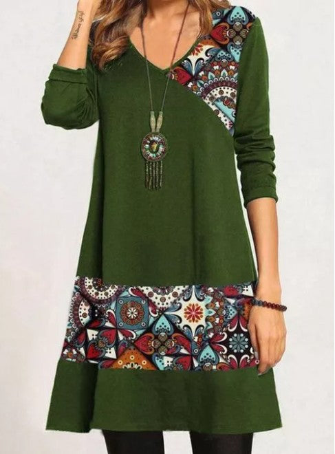 Women's Irregular Patchwork Print V-neck Long-sleeved Dress