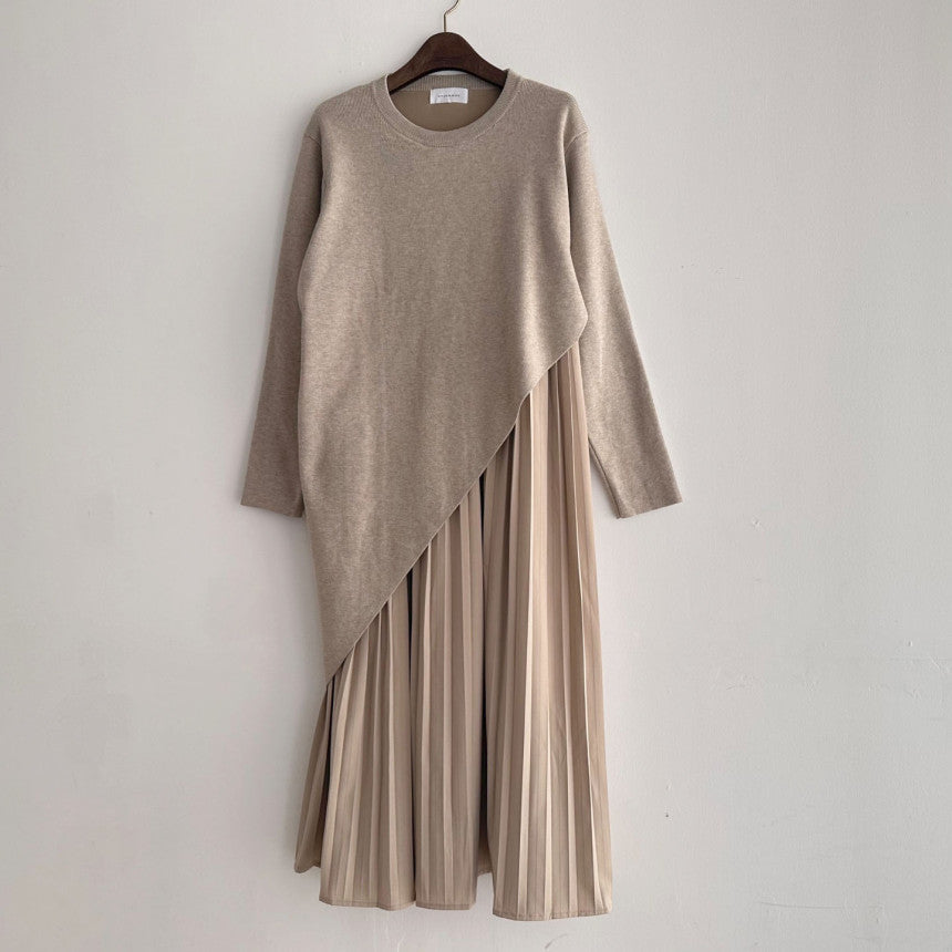 Autumn Elegance Retro Round Neck Irregular Design Loose Casual Patchwork Pleated Dress Women