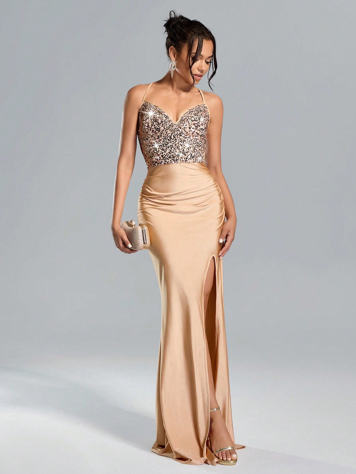 Suspended Backless High Waisted Sequin Patchwork High Slit Long Skirt Dresses Graduation Summer Dress Maxi Women Outfit