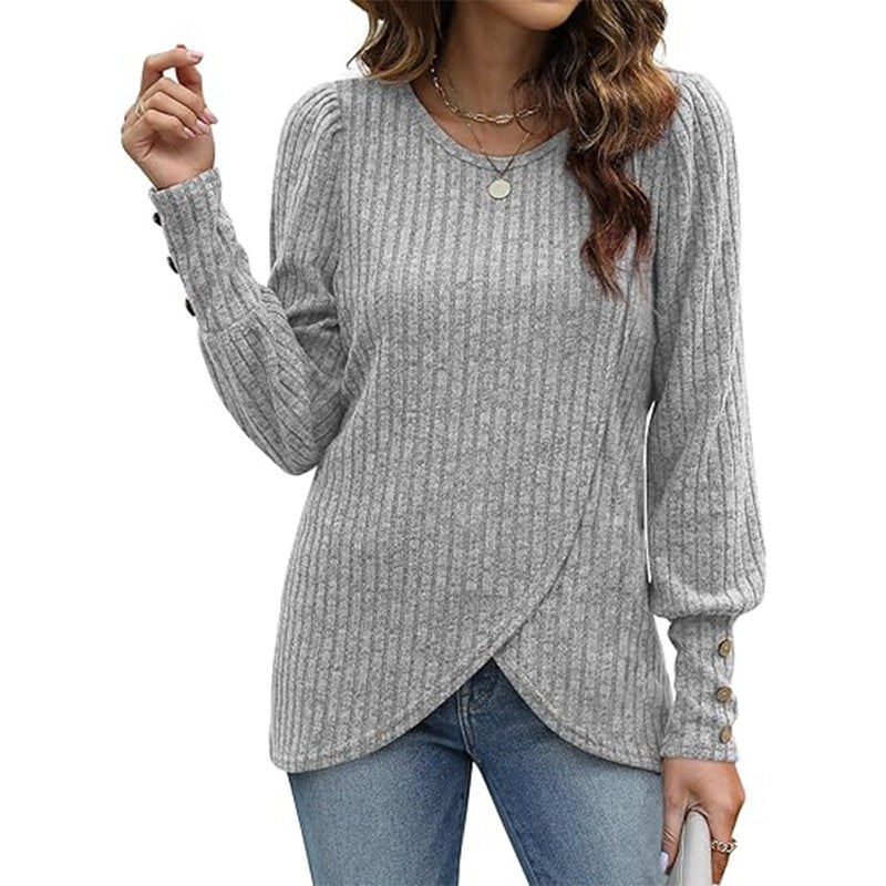 European And American Soft Bubble Long Sleeve Shirt Solid Color Round Neck Crossover Tops Women's Clothing