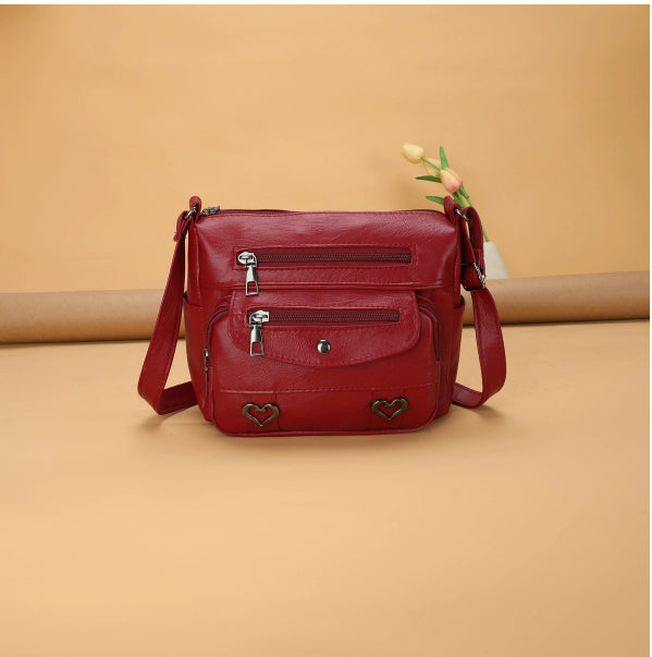 Crossbody Bag Soft Leather Textured Retro Large Capacity Middle-aged
