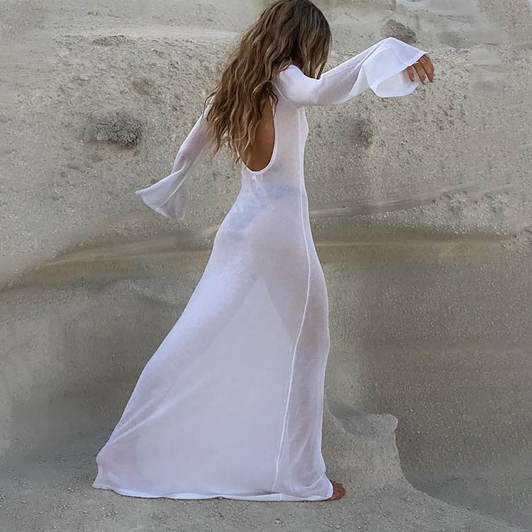 Summer New  Backless Long Sleeve Sheer Mesh Dress