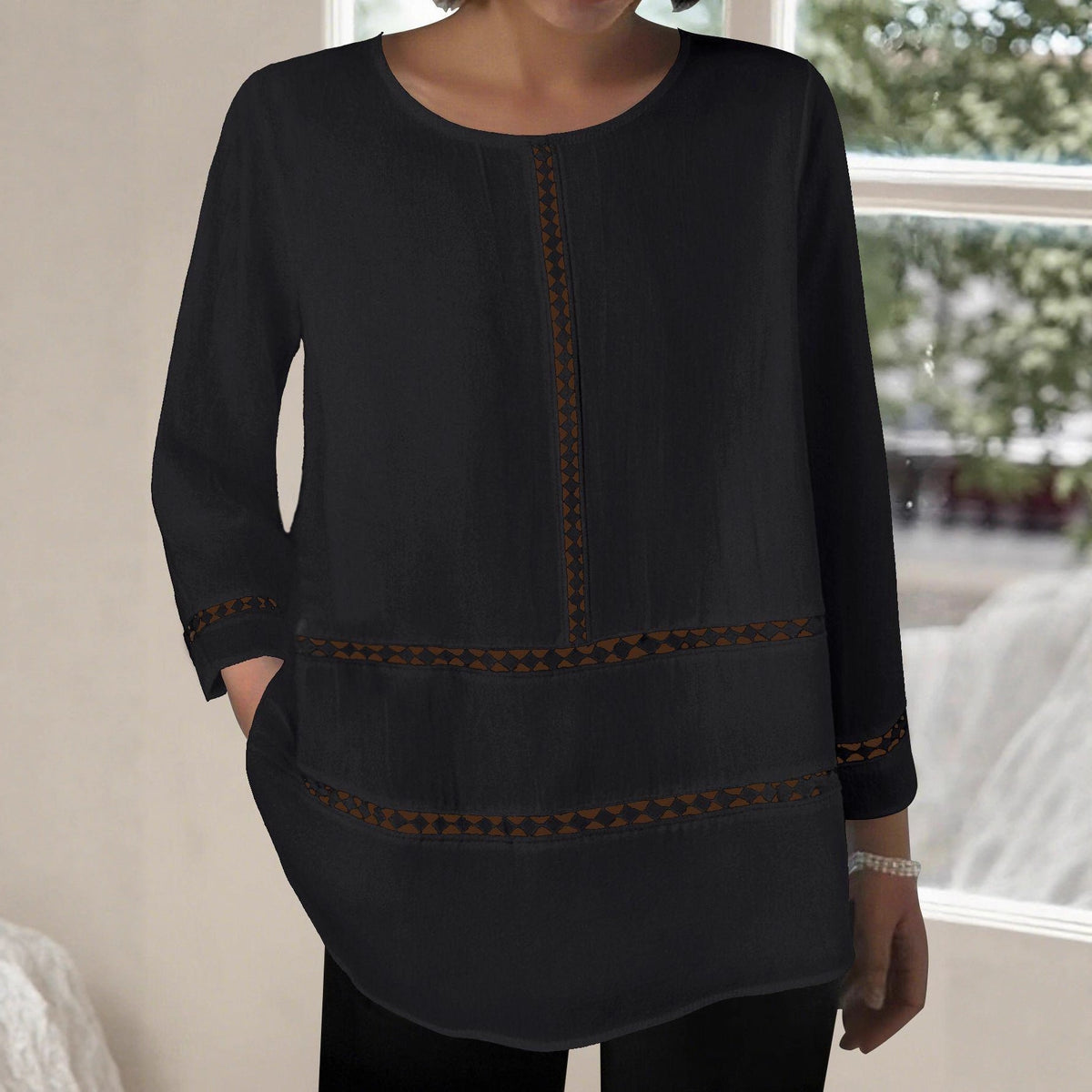Versatile Women's Round-neck Semi-sheer Hollow-out Long-sleeve Shirt