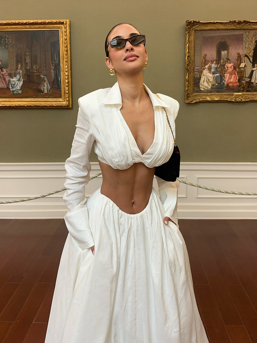 White Cutout Shirt Collar Two-Piece Set - Long Sleeve Crop Top & High-Waisted Maxi Skirt