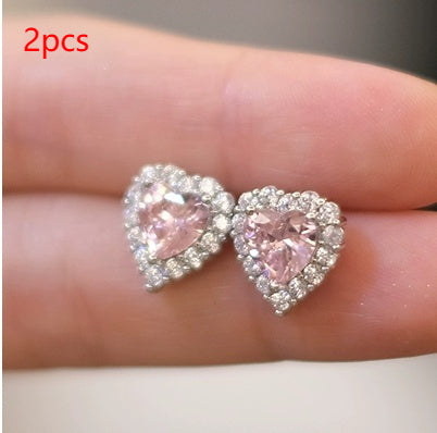 Love Heartbeat Pink Love Zircon Earrings Necklace Set Qixi Valentine's Day Gift For Girlfriend