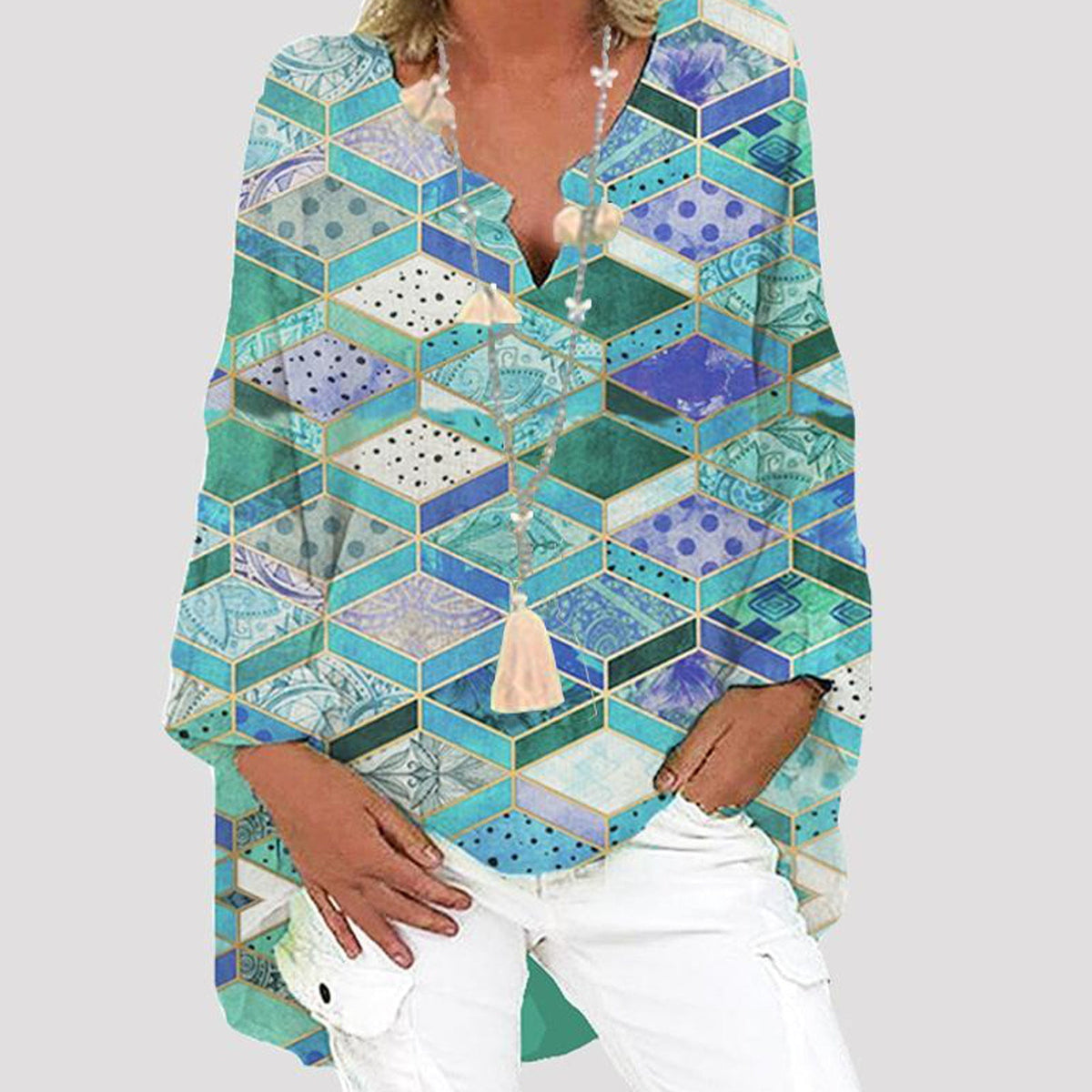 Printed Patchwork V-neck Long Sleeve Plus Size Dress