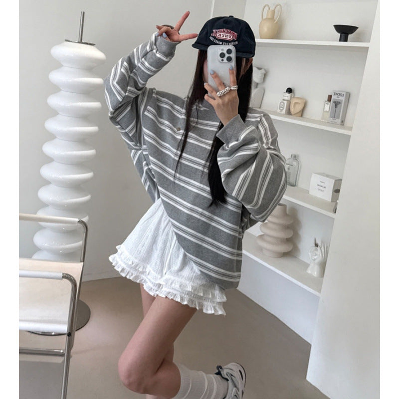 Korean Retro Preppy-Style Striped Long-Sleeve Sweatshirt