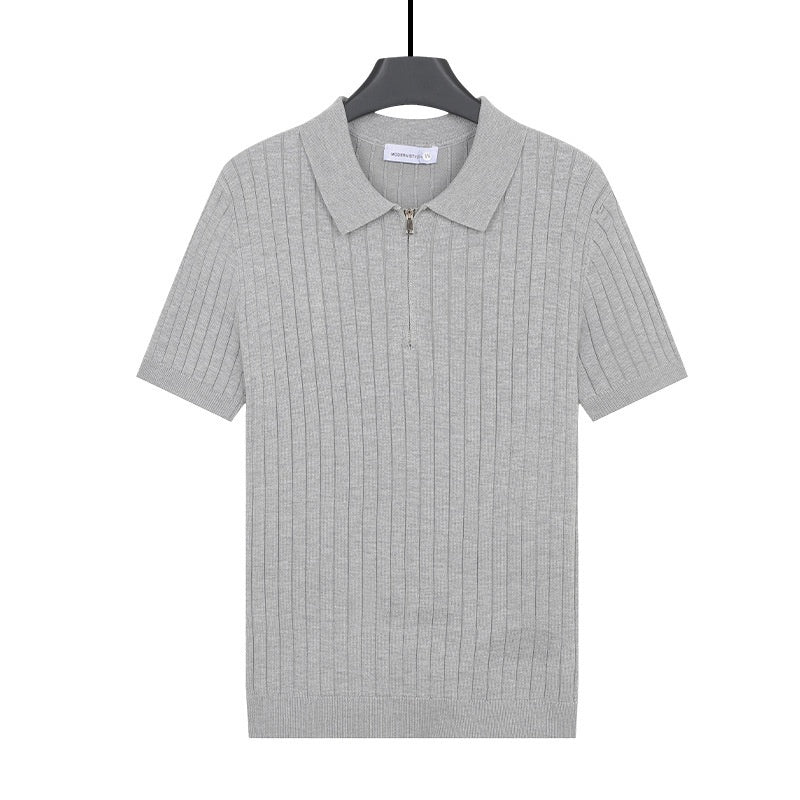 Old-money-style Lapel Zip-up Short-sleeve T-shirt Knit Sweater