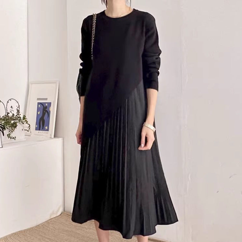 Autumn Elegance Retro Round Neck Irregular Design Loose Casual Patchwork Pleated Dress Women
