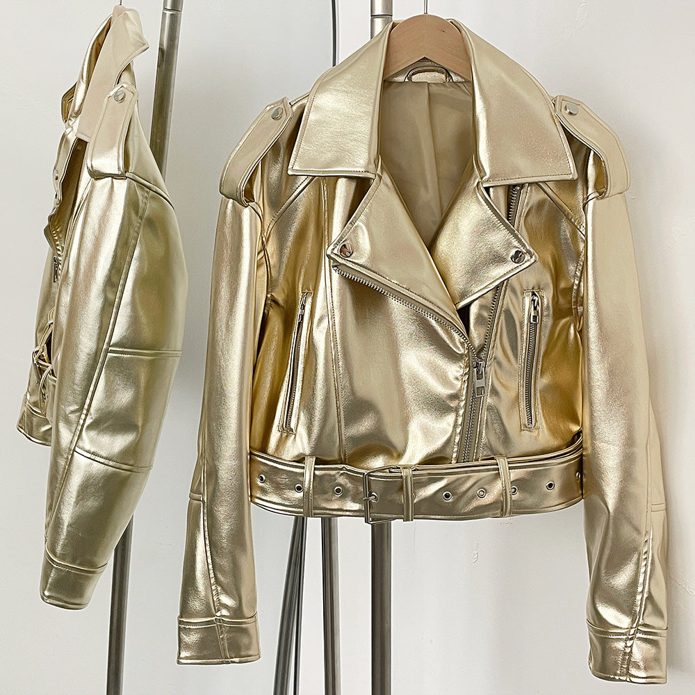 Women's Spring And Autumn Lapel Short Fashionable Casual Figure Flattering Leather Coat