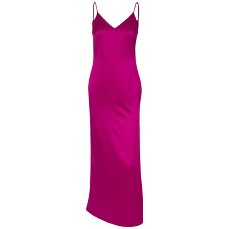 Sexy Women Satin V Neck Maxi Backless Side Split Long Dress