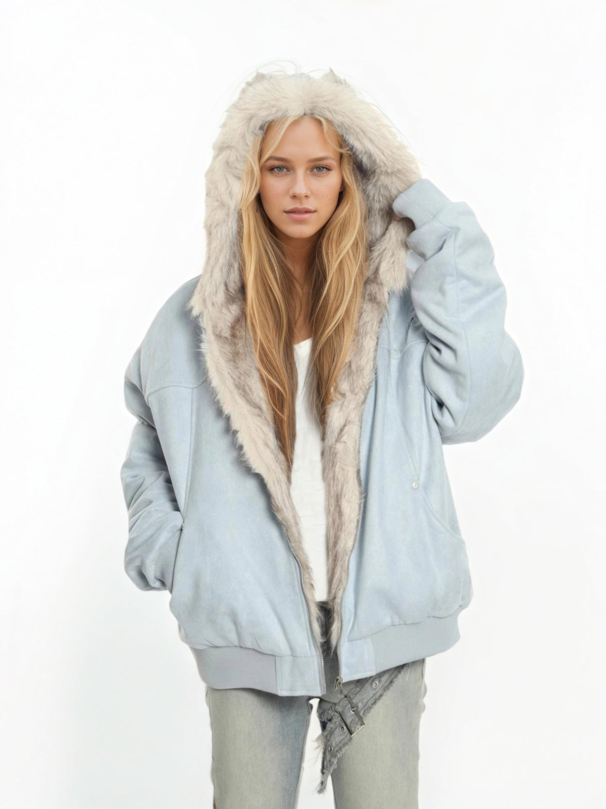 Winter Coat With A Fur Collar Made From Faux Suede For Warmth
