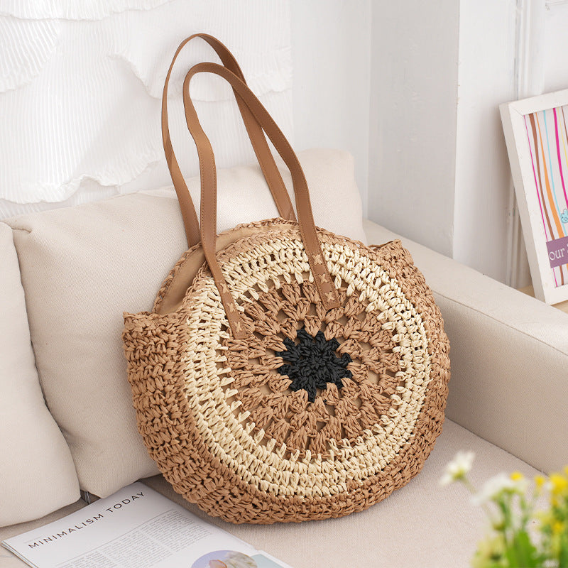 Women's Fashion Simple Multicolor Round Handmade Shoulder Straw Bag